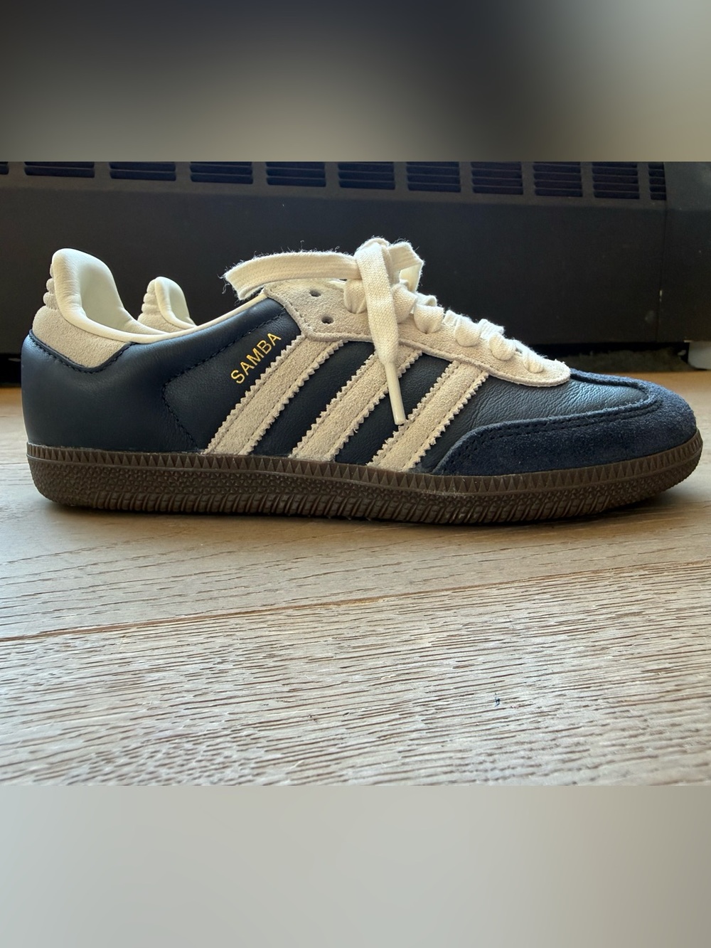 adidas Samba Navy and White Leather Sneakers with Brown Gum Sole - Picture 3 of 6